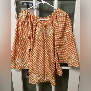 Innika Choo Gingham Print Embroidered Boho Butterfly Sleeve Top One Size Hippie